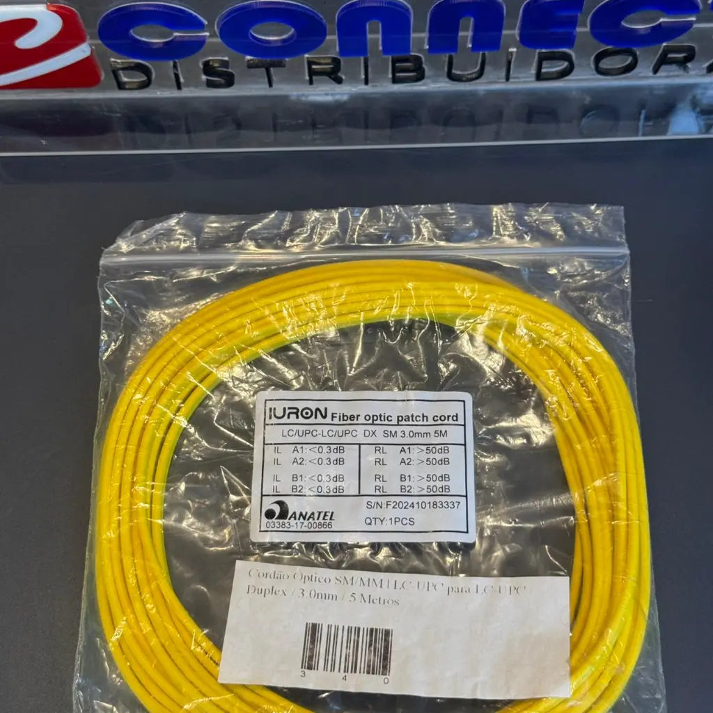 Cordão Óptico LC-UPC Duplex 5M | Fibra SM/MM 3.0mm